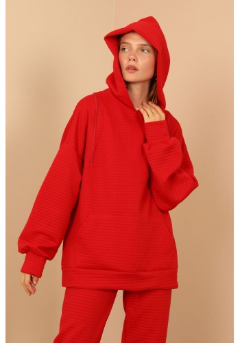 Petek Kumaş Uzun Kol Kapüşonlu Fermuar Detaylı Kadın Sweatshirt-Kırmızı