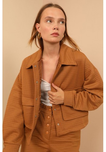 Kapitone Kumaş Gömlek Yaka Oversize/Salaş Çıtçıt Detaylı Kadın Ceket-Taba