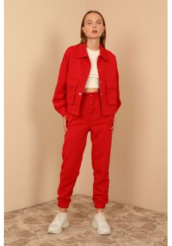 Kapitone Kumaş Gömlek Yaka Oversize/Salaş Çıtçıt Detaylı Kadın Ceket-Kırmızı