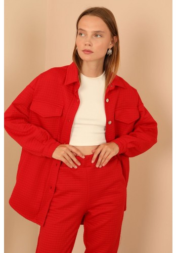 Kapitone Kumaş Gömlek Yaka Düğmeli Kadın Ceket-Kırmızı