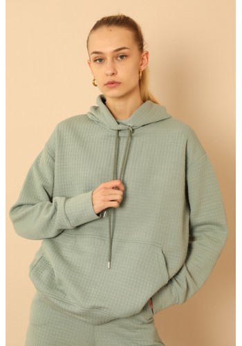 Petek Kumaş Kapüşonlu Basen Boy Oversize/Salaş Kadın Sweatshirt-Mint