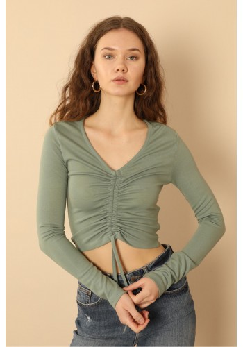 Örme Kumaş Uzun Kol V Yaka Önü Büzgülü Kadın Bluz-Mint