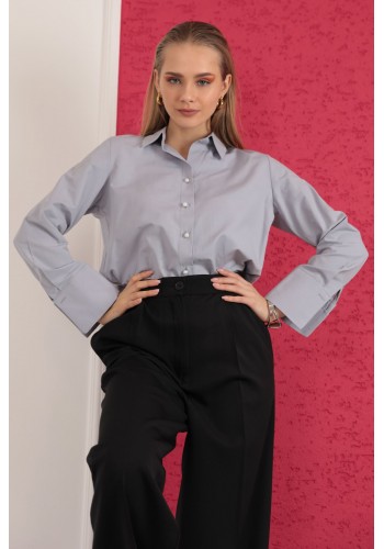 Soft Kumaş Crop Kadın İnci Düğme Detay Gömlek-Gri