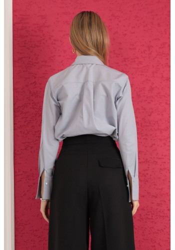 Soft Kumaş Crop Kadın İnci Düğme Detay Gömlek-Gri