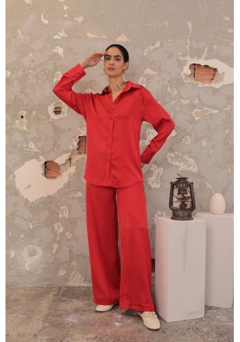 Kobe Saten Kumaş Beli Lastikli Kadın Pantolon-Kırmızı