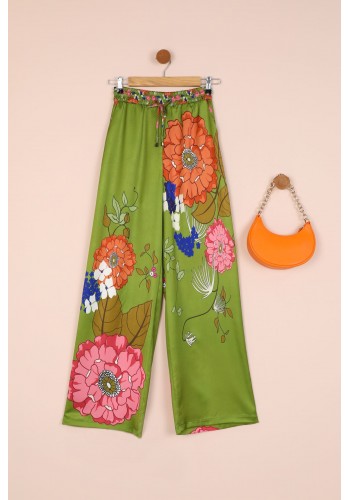 Saten Kumaş Çiçek Desen Lastik Detay Kadın Pantolon-YAĞ YEŞİLİ