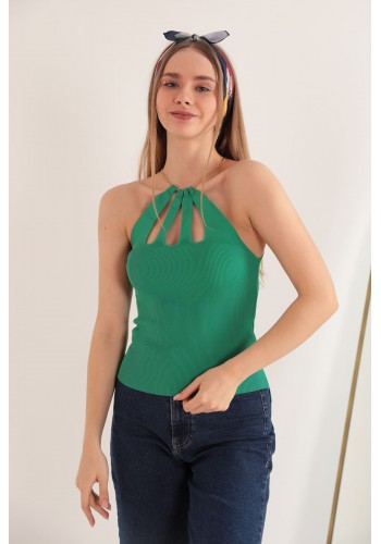Triko Kumaş Zincir Detay Kadın Bluz-Yeşil