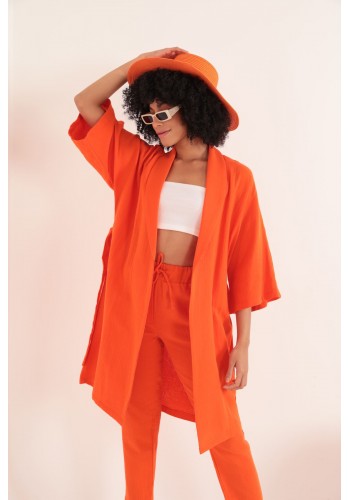 Müslin Kumaş Oversize Kadın Kimono-Oranj