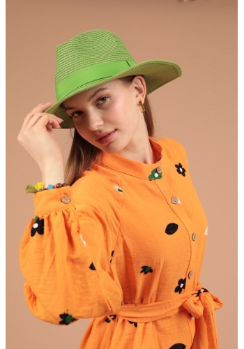 Hasır Şerit Detaylı Kadın Şapka-Yeşil