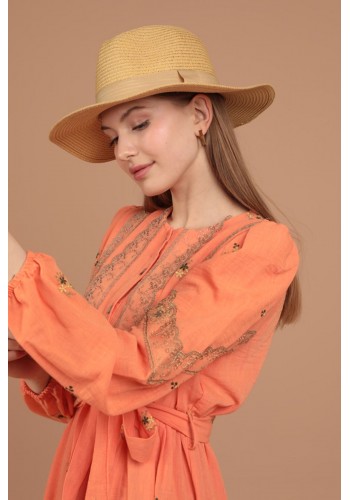 Şerit Detaylı Kadın Açık Bej Hasır Şapka