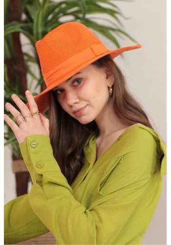 Hasır Şerit Detaylı Kadın Şapka-Oranj