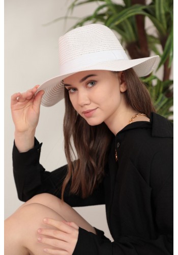 Şerit Detaylı Kadın Beyaz Hasır Şapka