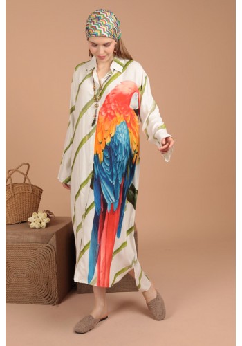 Viskon Kumaş Papağan Desen Kadın Elbise-Haki
