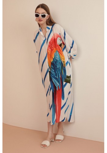 Viskon Kumaş Papağan Desen Kadın Elbise-Saks