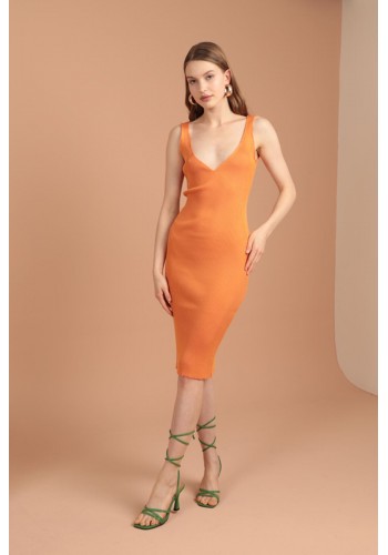 Triko V Yaka Kadın Midi Elbise-Oranj
