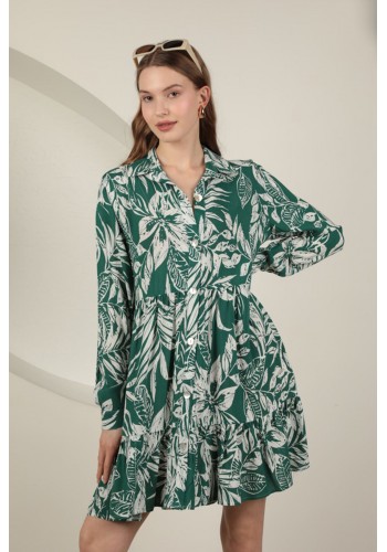 Viskon Kumaş Yaprak Desen Kısa Elbise-Yeşil