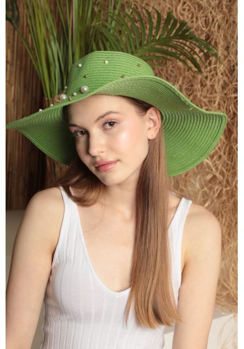 Hasır Üzeri İncili Kadın Şapka-Yeşil
