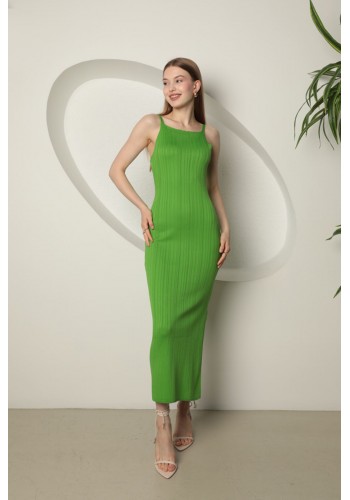 Triko Kumaş Kadın Halter Yaka Elbise-Fıstık Yeşili
