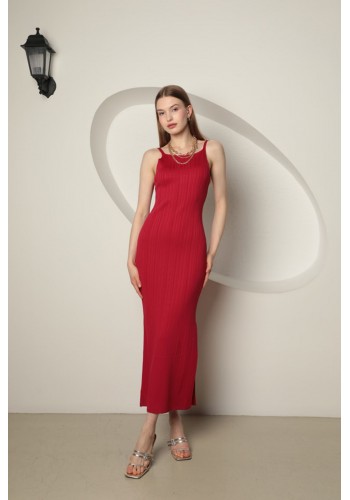 Triko Kumaş Kadın Halter Yaka Elbise-Kırmızı