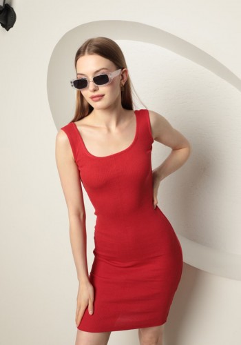 Kaşkorse Kumaş U Yaka Kadın Elbise-Kırmızı
