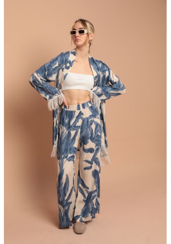 Viskon Kumaş Empirme Kadın Kimono Takım-Mavi