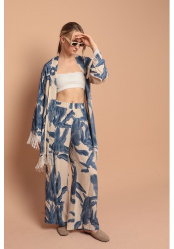 Viskon Kumaş Empirme Kadın Kimono Takım-Mavi