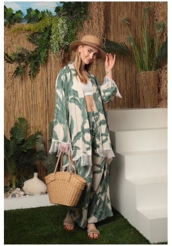 Viskon Kumaş Empirme Kadın Kimono Takım-Yeşil