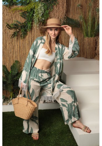 Viskon Kumaş Empirme Kadın Kimono Takım-Yeşil