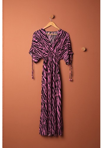 Viskon Kumaş Zebra Desen Kadın Elbise-Fuşya