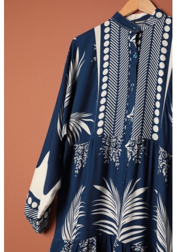 Viskon Kumaş Yaprak Desen Kadın Gömlek Elbise-Lacivert