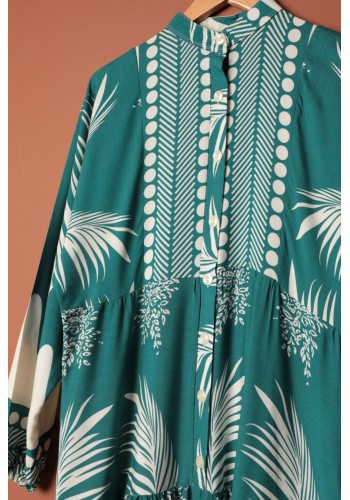 Viskon Kumaş Yaprak Desen Kadın Gömlek Elbise-Mint