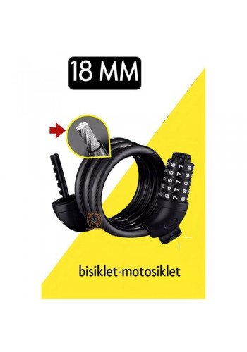 ModaCar Motosiklet Bisiklet Kilidi 18 mm 5 Kademe Şifreli Çelik Halat