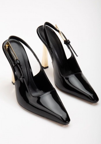 Kadın Siyah Rugan Gold Detaylı Küt Burunlu  Topuklu Ayakkabı