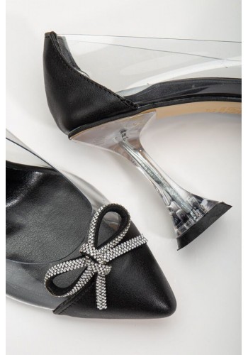 Siyah Stiletto Taşlı şeffaf Topuklu Kadın Ayakkabı