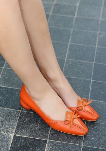 Turuncu Suni Deri Topuklu Kadın Ayakkabı