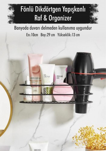 Paslanmaz Çelik Yapışkanlı Fönlü Duvar Rafı & Organizer & Banyo Duş Askısı