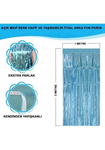 Açık Mavi Renk Ekstra Metalize Parlak Saçaklı Arka Fon Perde İthal A Kalite 1x2 Metre