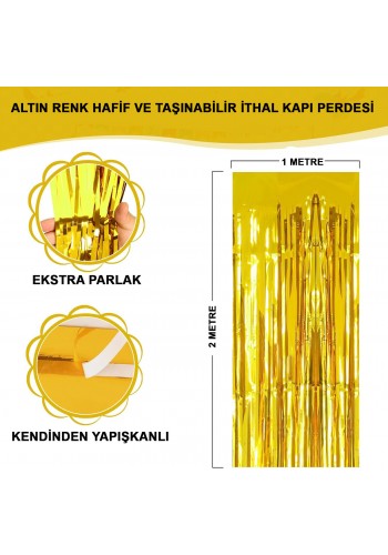 Altın Gold Renk Ekstra Metalize Parlak Saçaklı Arka Fon Perde İthal A Kalite 1x2 Metre