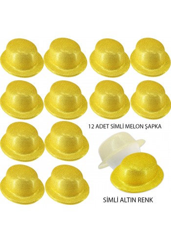 Altın Renk Simli Melon Yuvarlak Parti şapkası 12 Adet