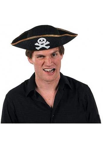 Altın şeritli Siyah Renk Yayvan Denizci Korsan şapkası Yetişkin 32x24 Cm