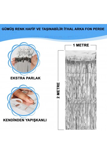 Gümüş Renk Ekstra Metalize Parlak Saçaklı Arka Fon Perde İthal A Kalite 1x2 Metre