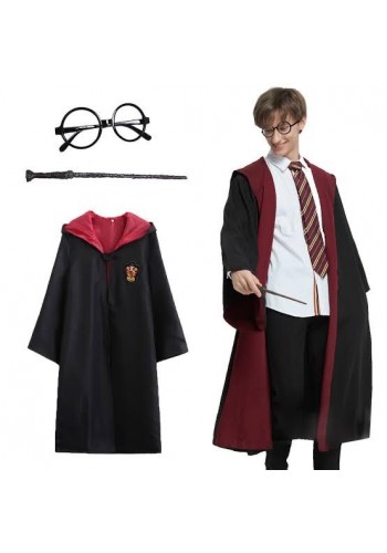 Harry Potter Gryffindor Kapişonlu çocuk Kostüm + Asa + Gözlük Seti 11-12 Yaş