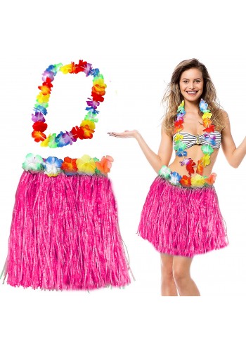 Hawaii Luau Aloha Pembe Püsküllü 40 Cm Etek Ve Hawaii Kolye Seti