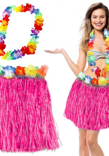 Hawaii Luau Aloha Pembe Püsküllü 40 Cm Etek Ve Hawaii Kolye Seti