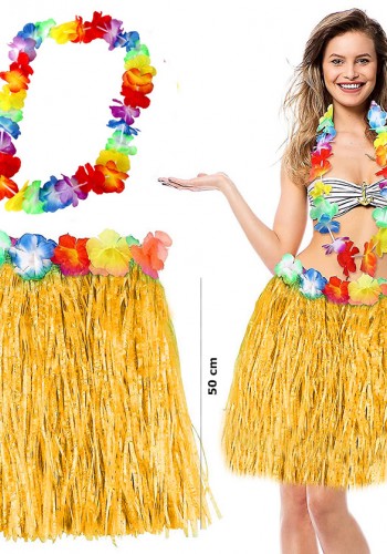 Hawaii Luau Aloha Sarı Püsküllü 50 Cm Etek Ve Hawaii Kolye Seti