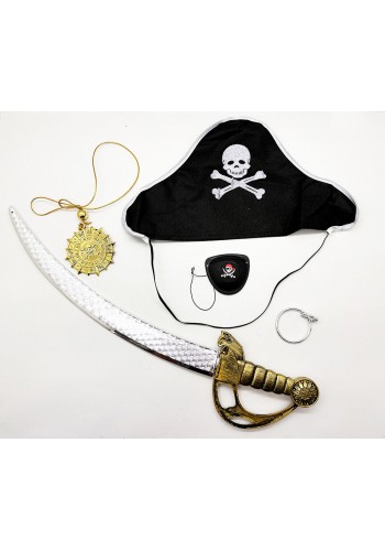 Kaptan Korsan şapkası Kılıcı Göz Bandı Küpe Ve Korsan Madalyonu 5 Parçalık Kostüm Seti