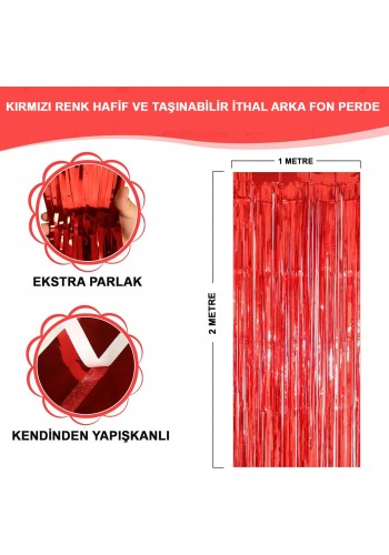 Kırmızı Renk Ekstra Metalize Parlak Saçaklı Arka Fon Perde İthal A Kalite 1x2 Metre