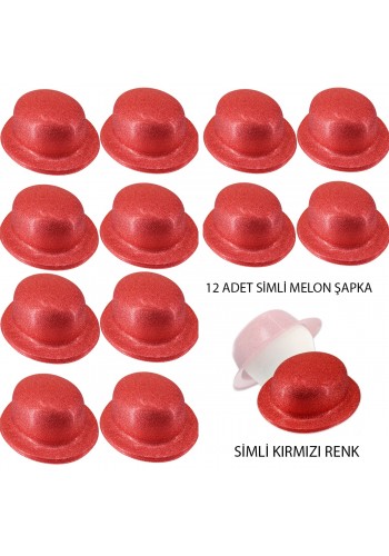 Kırmızı Renk Simli Melon Yuvarlak Parti şapkası 12 Adet