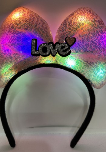 Led Işıklı 3 Farklı Fonksiyonda Yanan Gümüş Love Yazılı Toz Pembe Fiyonk Taç 20x17 Cm