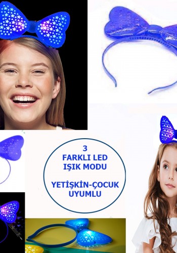 Led Işıklı & Pilli 3 Farklı Modda Yanan Yıldızlı Fiyonk Parti Tacı Mavi Renk 19x15 Cm